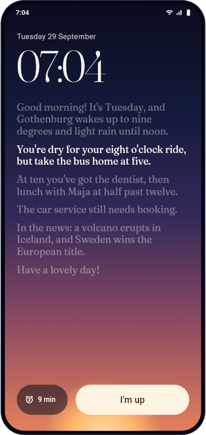 The wake screen, with captions that follow the voice