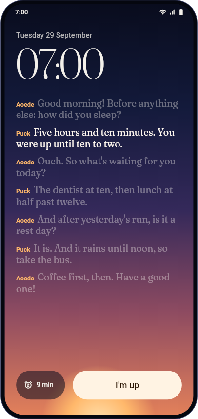 A podcast morning on the wake screen: one host asks, the other answers