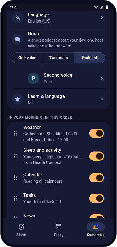 Customize with Podcast and Sleep and activity switched on